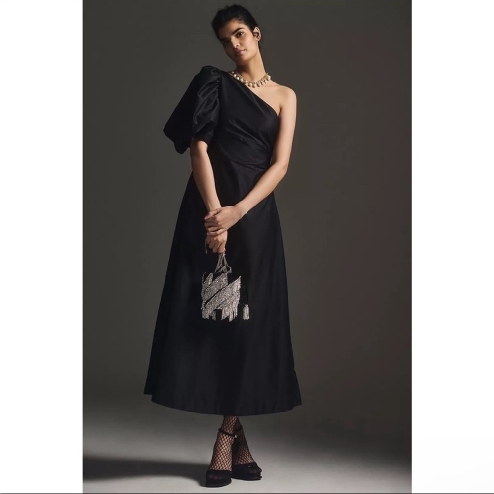 Anthropologie Aureta Studio Black One Shoulder Puff Sleeve Midi Dress Small Gown